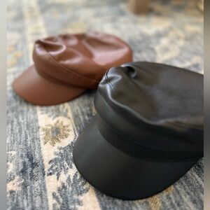 Trendy Faux Leather Baker Boy Hats - Set of 2 (Brown & Black) - M/L